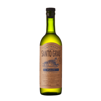 Green glass bottle of Santo Grau Paraty Cachaça with a beige label featuring blue illustrations, text in both Portuguese and English, and a black cap.
