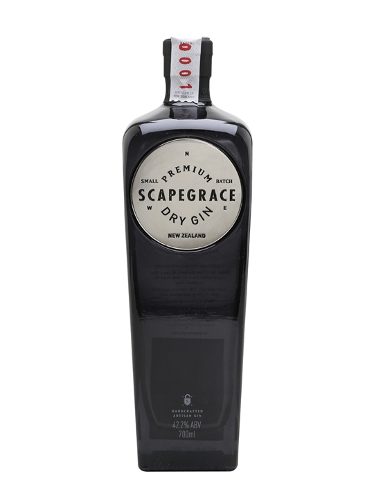 Tall, sleek black bottle with a white label featuring "Scapegrace Premium Gin" in bold lettering, red accents, and a silver cap, holding 700ml at 42.2% ABV.