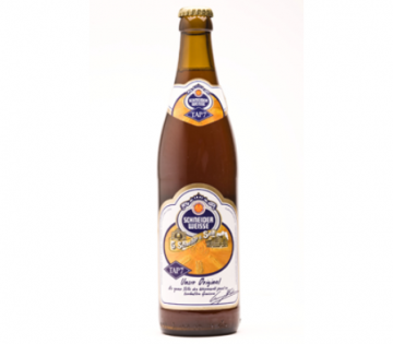 Twelve 500 ml bottles of Schneider Original Weissbier, featuring a brown glass design with a blue and gold label, showcasing the brand logo and beer style.
