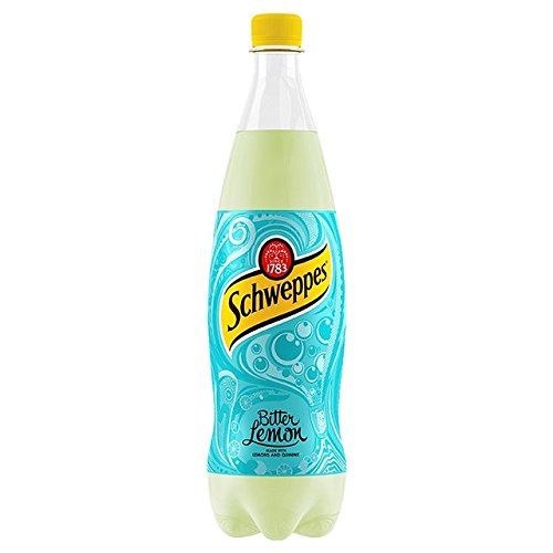 Clear plastic bottle of Schweppes Bitter Lemon, 1 L, featuring a bright blue label with yellow accents and the Schweppes logo, filled with a pale yellow fizzy beverage.