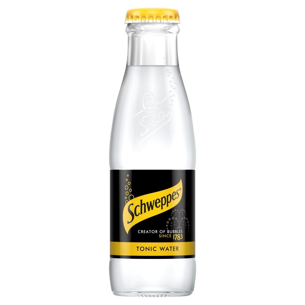 Clear glass bottle of Schweppes Indian Tonic Water with a yellow cap, featuring a black label with white text, showcasing "Creator of Bubbles Since 1783" and "Tonic Water."