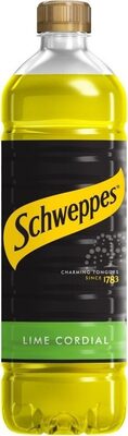Schweppes Lime Cordial bottle, 1 liter, features a vibrant yellow liquid, black label with yellow logo, and green bottom, showcasing its refreshing lime flavor.