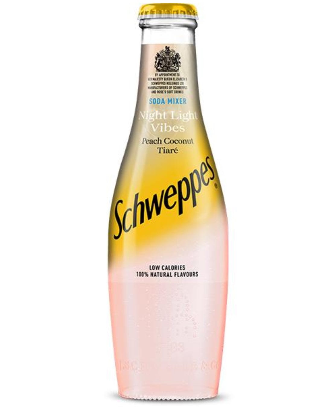 Clear glass bottle of Schweppes Peach Coconut Soda, featuring a yellow and white label with the brand name, filled with light pink soda, topped with a gold cap.