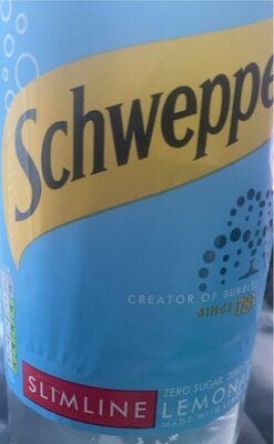 Light blue plastic bottle of Schweppes Slimline Lemonade, 2 L, featuring a yellow label with "Schweppes" logo and "SLIMLINE" text, indicating zero sugar.
