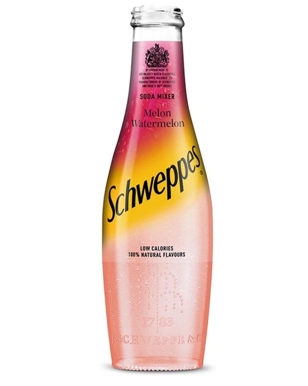 Clear glass bottle of Schweppes Watermelon Soda, featuring a gradient pink and white label with the brand name and details, showcasing a refreshing fizzy drink.