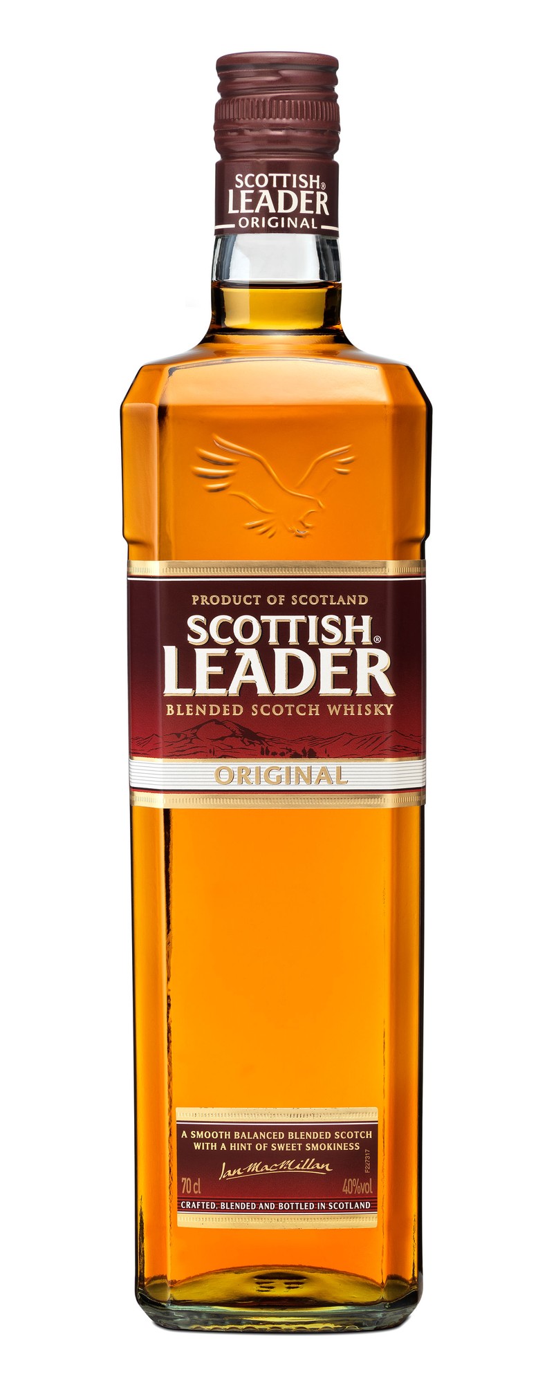 Tall glass bottle of Scottish Leader Whisky, featuring a golden amber liquid, a red and gold label with "SCOTTISH LEADER" prominently displayed, and a sleek, modern design.