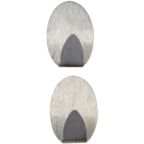 Set of two oval stainless steel self-adhesive hooks in silver and grey, featuring a brushed finish and a curved base for secure hanging.