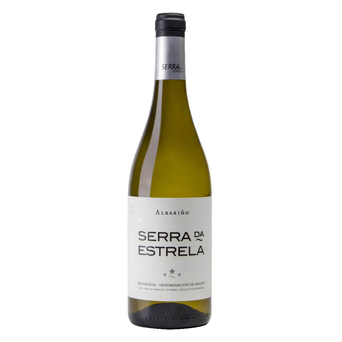 Clear glass bottle of Serra Da Estrela Rías Baixas Albariño, featuring a sleek design with a white label, black text, and a black cap, showcasing a light yellow wine inside.