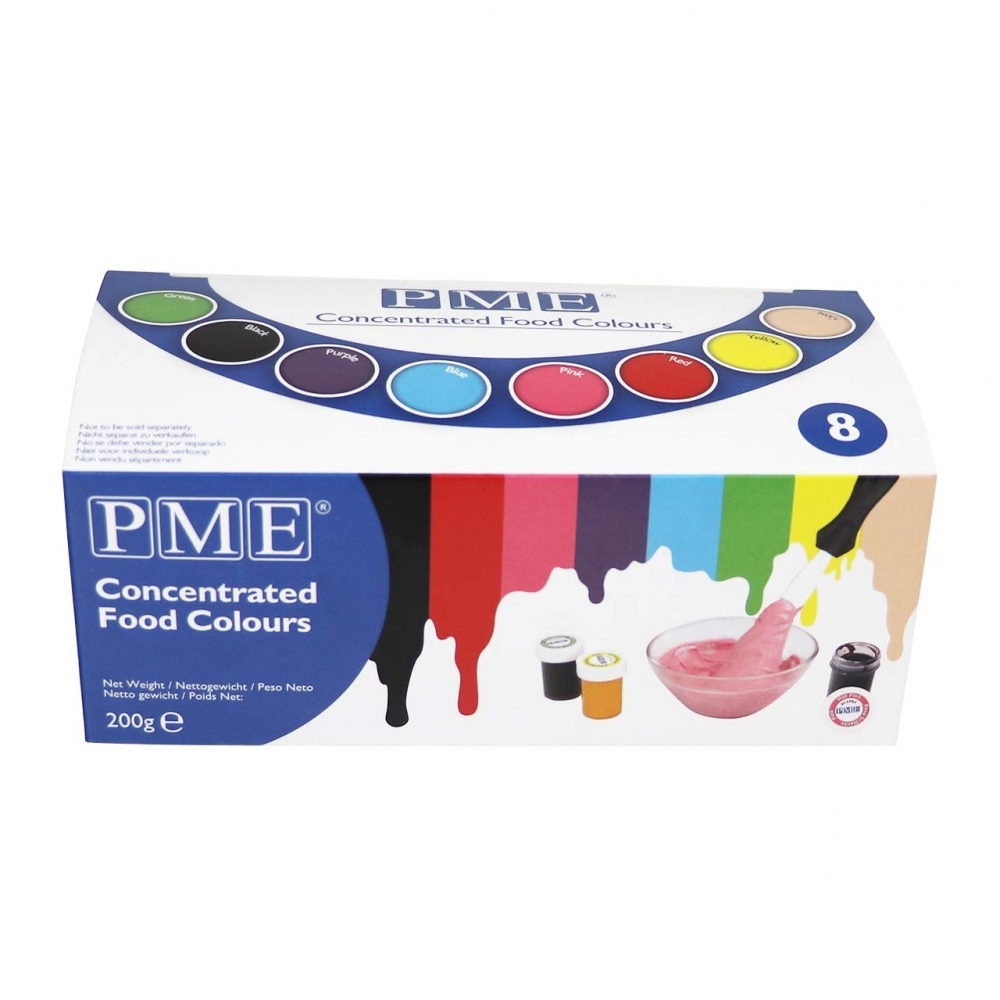 Eight vibrant concentrated food colours in a white box, featuring a colorful splash design, with a pink icing sample and small bottles of various shades visible inside.