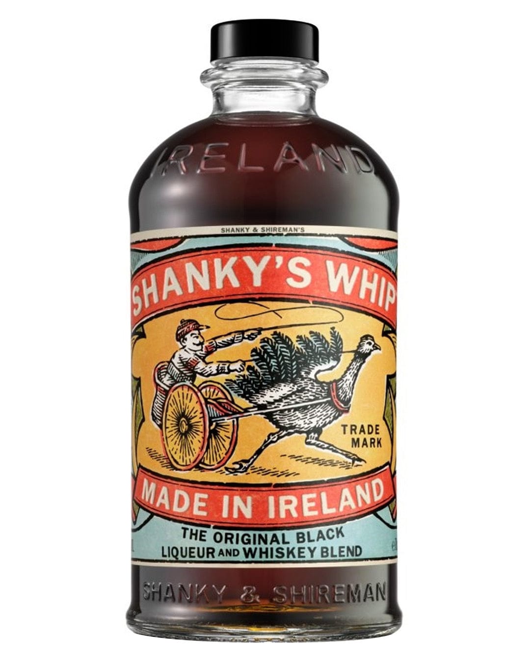 Shanky's Whip Irish Whiskey Liqueur Miniature, 5 Cl, features a clear glass bottle with a colorful label depicting a cart and a turkey, predominantly in black, orange, and green.
