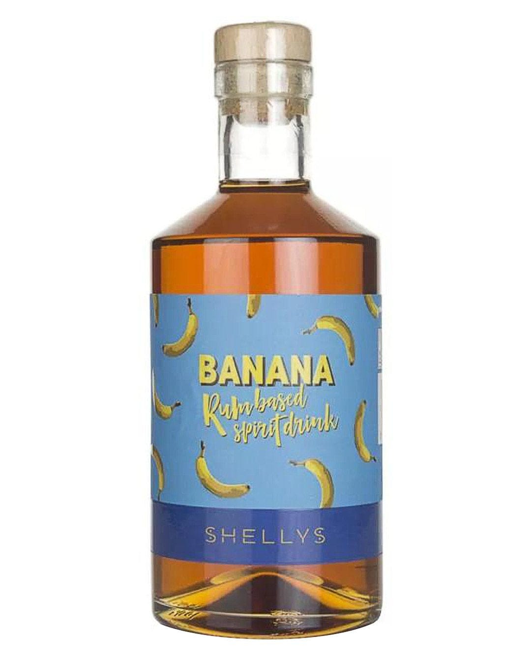Clear glass bottle with a wooden cork, featuring a blue label adorned with yellow bananas and bold text reading "BANANA" and "Rum-based spirit drink" by Shelly's.