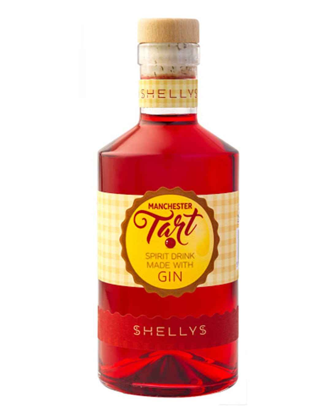 Shelly's Manchester Tart Gin Liqueur in a clear glass bottle with a cork stopper, featuring a vibrant red liquid and a yellow label with a tart design and text.