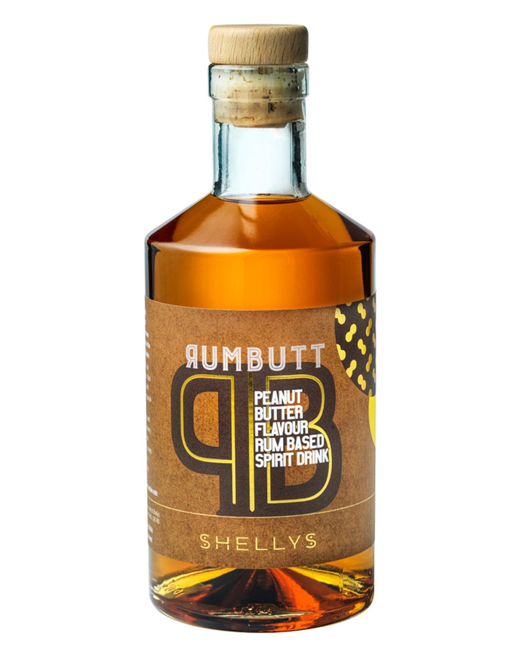 Amber-colored glass bottle with a cork stopper, featuring a brown label with bold text reading "Rumbutt" and "Peanut Butter Flavour," accented by yellow and black design elements.
