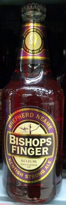 Eight bottles of Shepherd Neame Bishops Finger Beer, featuring a dark amber liquid, a gold and purple label, and a prominent logo with a finger pointing, packaged in a multipack.