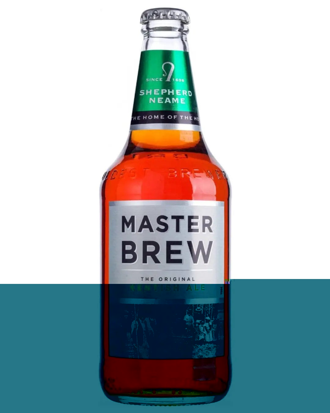 Eight bottles of Shepherd Neame Masterbrew Ale, featuring a green and silver label, showcasing amber-colored beer in clear glass, with a classic crown cap.
