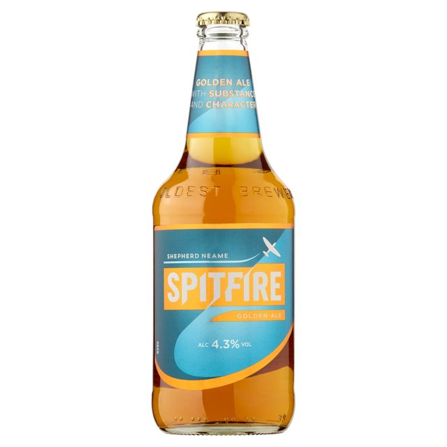 Eight bottles of Shepherd Neame Spitfire Gold Beer, each 500 ml, featuring a golden ale color with a blue and orange label displaying "SPITFIRE" and 4.3% alcohol content.