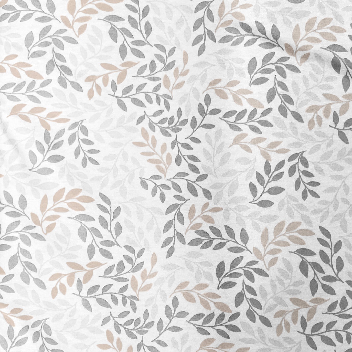 Soft cotton fitted crib sheet featuring a delicate leaf design in shades of gray and beige on a white background.