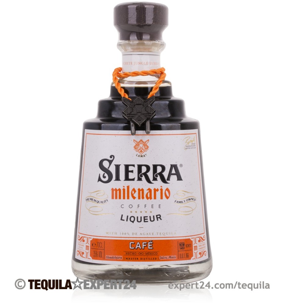 Sierra Milenario Cafe Tequila Liqueur bottle, 70 cl, features a dark glass design with a silver label, orange accents, and a decorative neck chain.