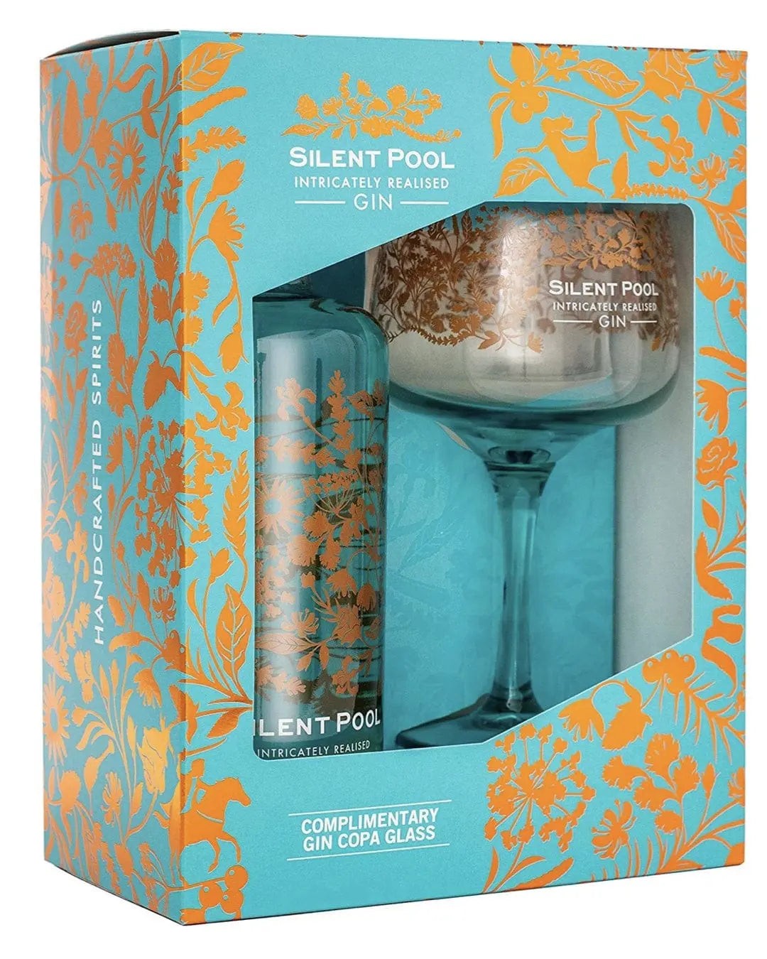 Silent Pool Copa Glass Gift Set featuring a 70 cl bottle of gin and a decorative glass, all presented in a vibrant turquoise box with intricate orange floral designs.