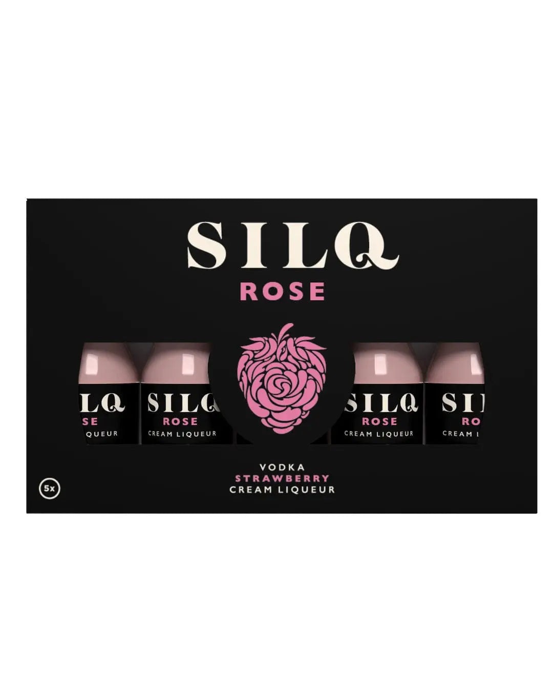 Silq Rose Vodka Strawberry Cream Liqueur Miniature Pack featuring five 20 ml bottles in pink with black labels, displayed in a sleek black box adorned with a rose graphic.
