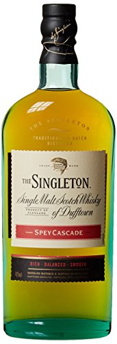Singleton of Dufftown Spey Cascade Whisky in a tall, green-tinted glass bottle with a gold cap, featuring a cream label with red accents and elegant text.