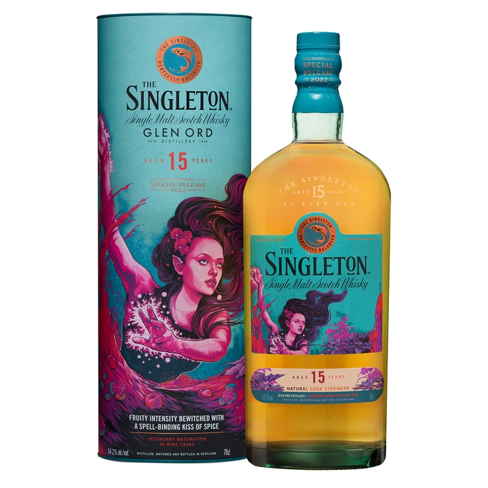 Golden bottle of Singleton 15 Year Old Scotch Whisky with a vibrant, illustrated tube featuring a mythical woman, both showcasing rich colors and intricate designs.