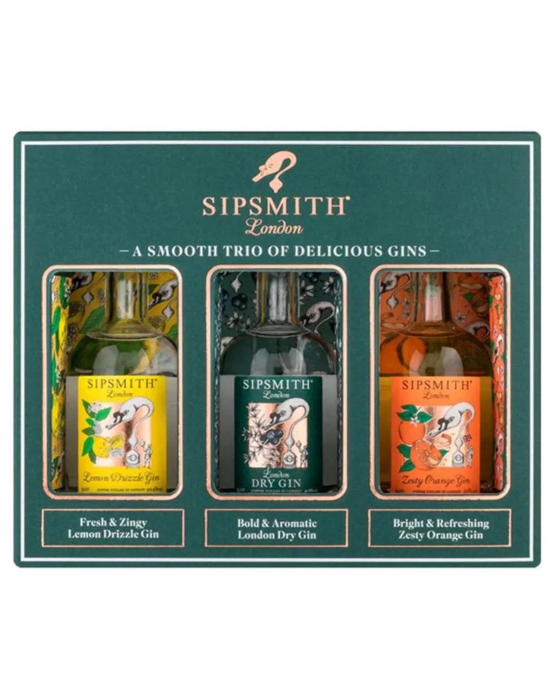 Gift pack featuring three 5cl bottles of Sipsmith gin: Lemon Drizzle Gin in a yellow label, Dry Gin with a green label, and Zesty Orange Gin with an orange label, all in a dark green box.