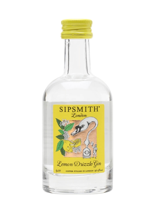 Clear glass miniature bottle of Sipsmith Lemon Drizzle Gin, featuring a bright yellow label with botanical illustrations and a green cap, holding 5 cl of gin.