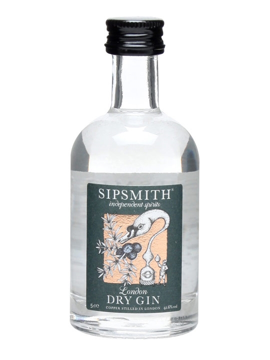 Clear glass miniature bottle of Sipsmith London Dry Gin, featuring a green label with a white swan illustration and the text "Sipsmith" and "Dry Gin" in elegant fonts.