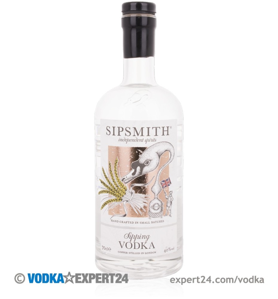 Clear glass bottle of Sipsmith Sipping Vodka, featuring a white label with an illustration of a dog and botanical elements, capped with a black top, 70 cl, 40% ABV.