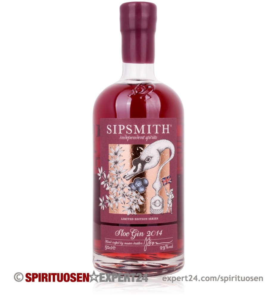 Sipsmith Sloe Gin bottle with a deep red liquid, featuring a decorative label with floral designs and an illustration of a hedgehog, topped with a burgundy cap.