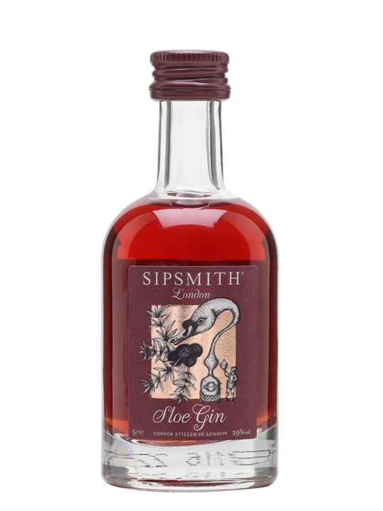 Clear glass miniature bottle of Sipsmith Sloe Gin, featuring a deep red liquid, a decorative label with a black and white illustration, and a purple screw cap.
