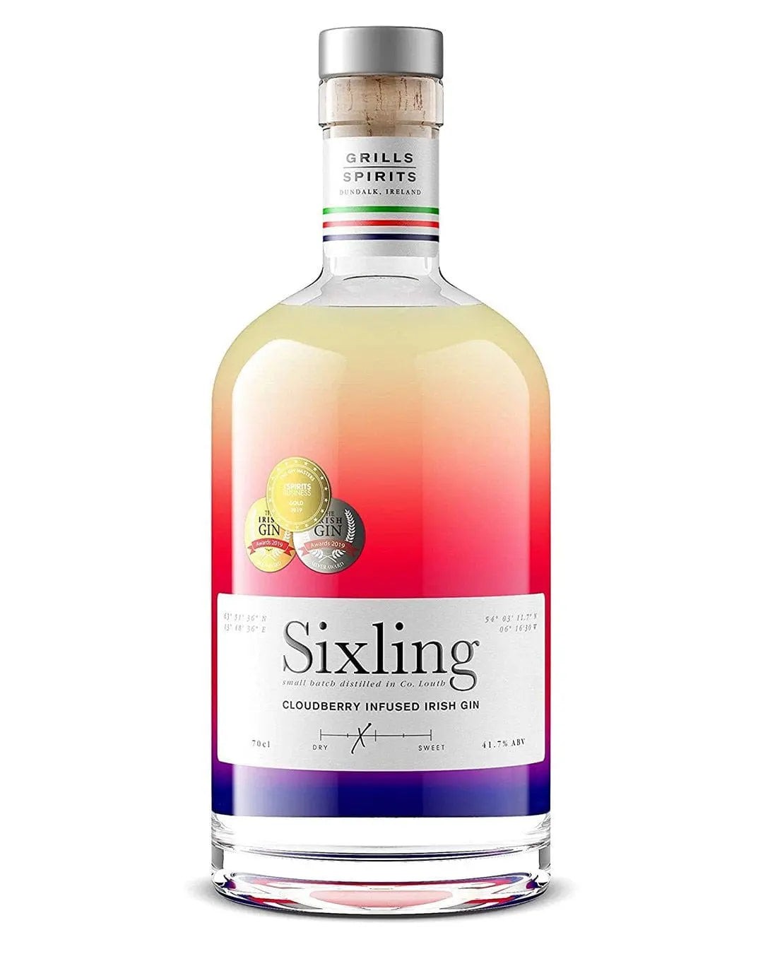 Clear glass bottle of Sixling Cloudberry Infused Irish Gin, featuring a gradient from pink to yellow, a cork stopper, and a label with gold awards and text.