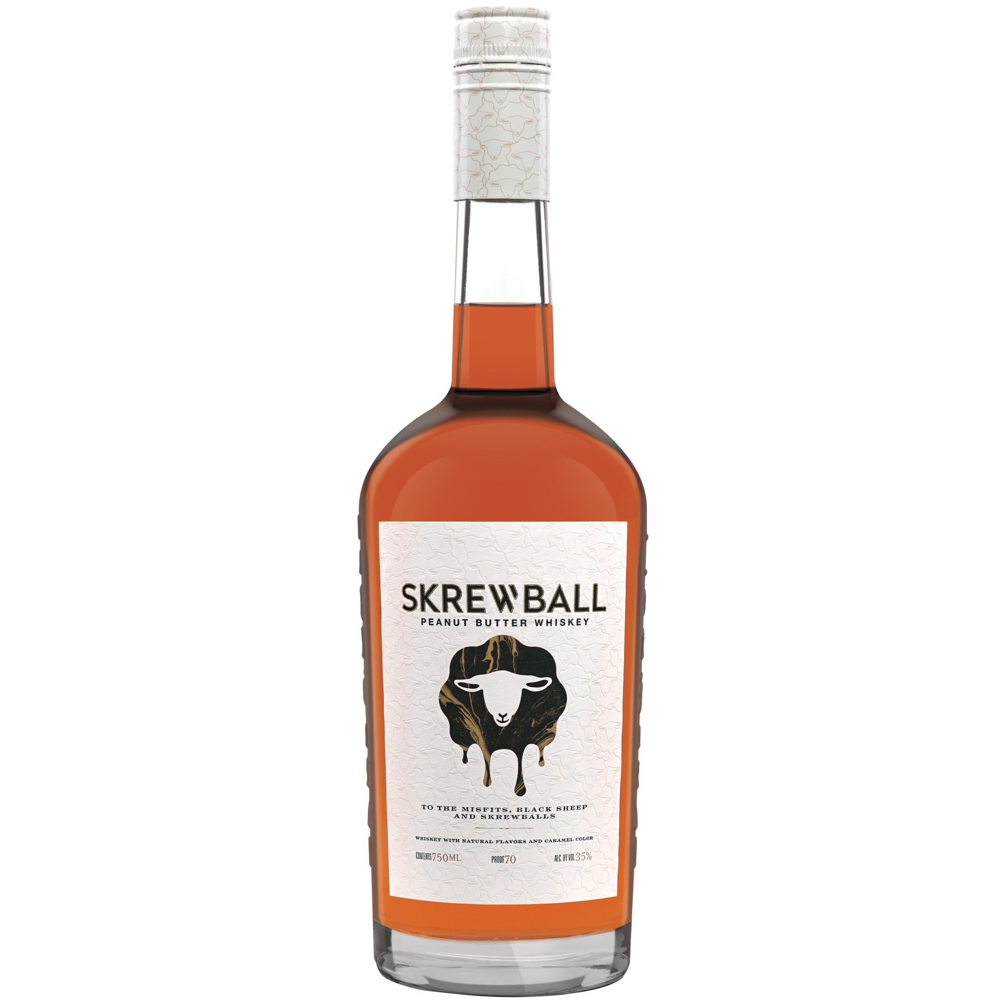 Clear glass bottle of Skrewball Peanut Butter Whiskey, featuring a white label with black and gold accents, a cow graphic, and a corked top, filled with amber liquid.