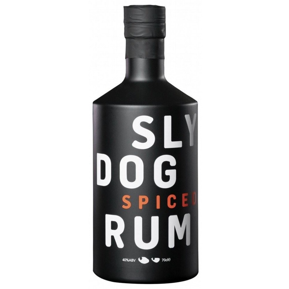 Sly Dog Spiced Rum bottle features a sleek black design with bold white and orange text, highlighting "SLY DOG" and "SPICED RUM," and has a matte finish.