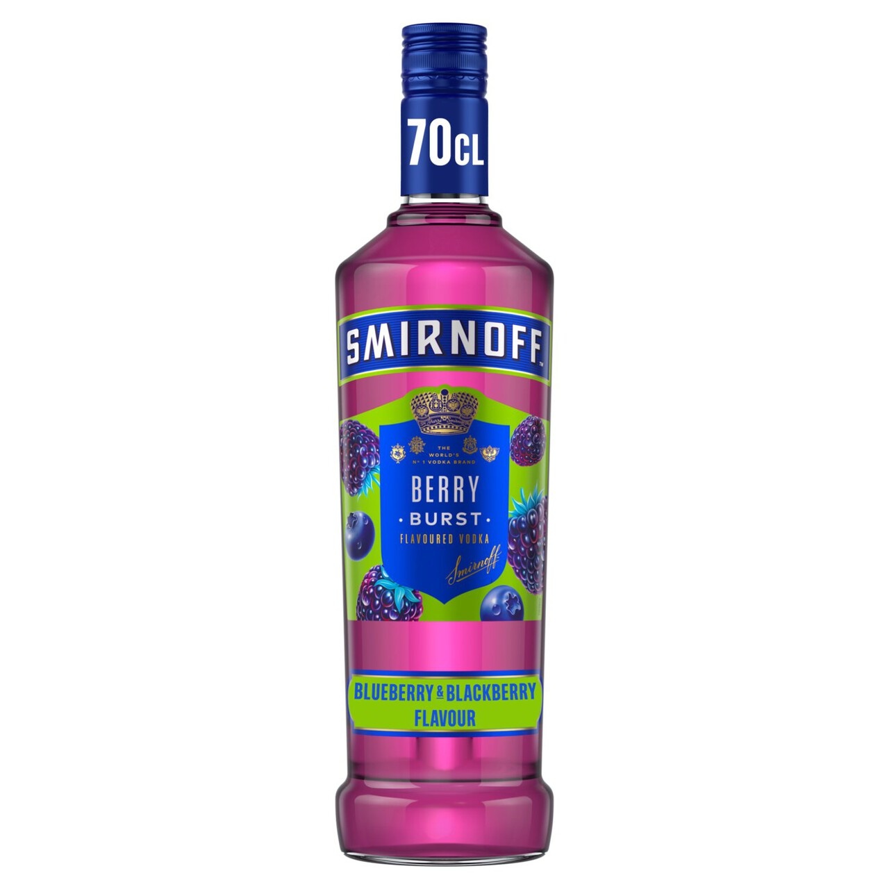 Smirnoff Berry Burst Vodka bottle features a vibrant pink and blue design, showcasing blueberries and blackberries, with a 70 Cl label prominently displayed.