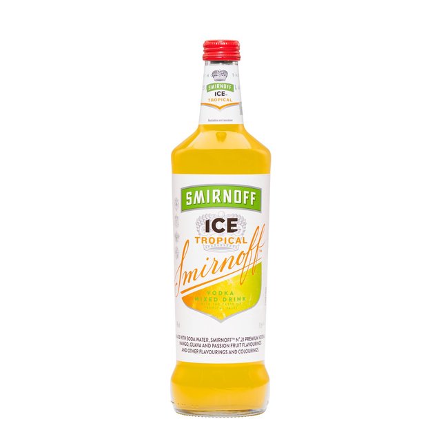 Smirnoff Ice Tropical vodka cocktail in a clear bottle, featuring a vibrant yellow liquid, green and white label, and a twist-off cap, packaged as a multipack of six 70 cl bottles.