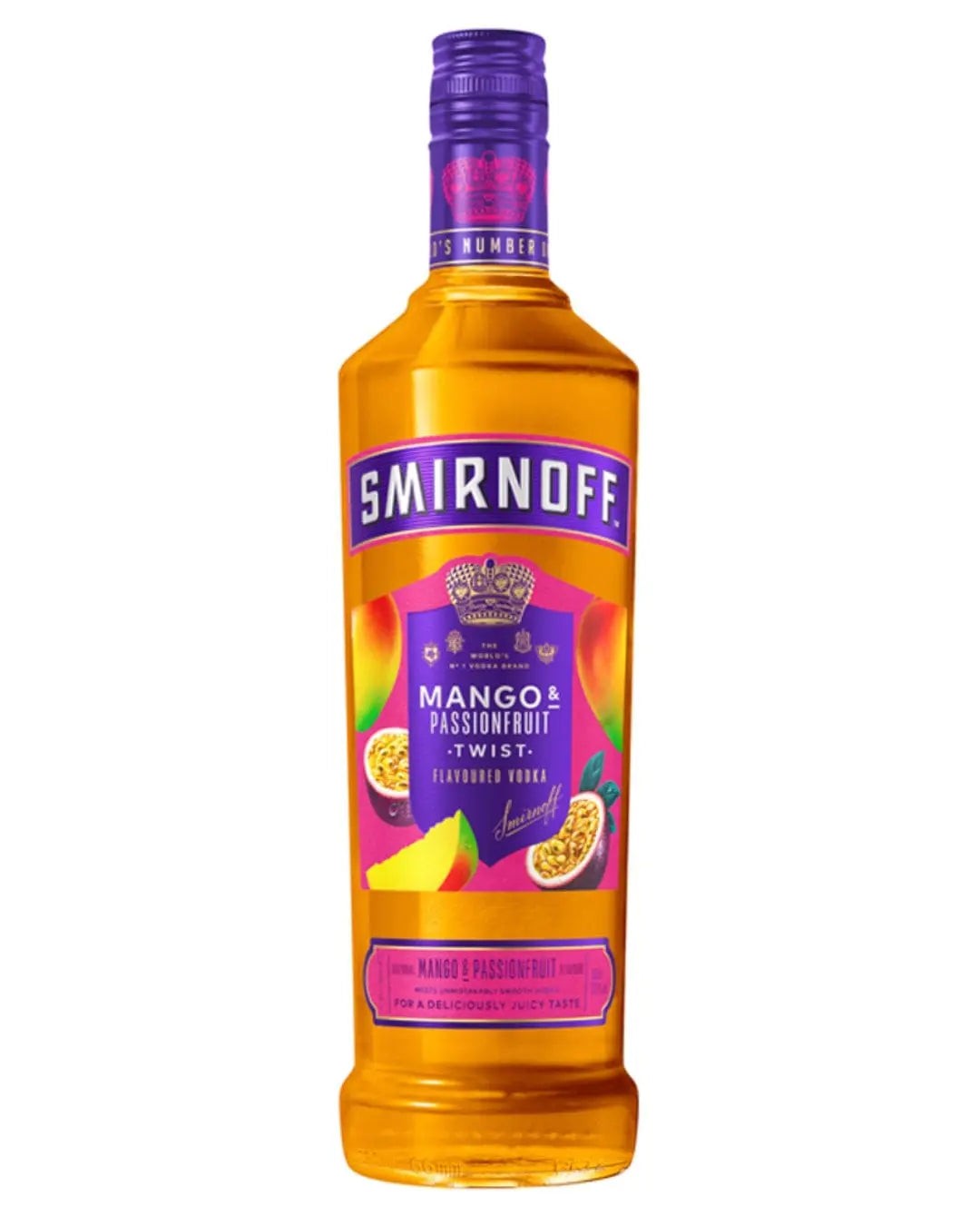 Smirnoff Mango & Passionfruit Twist Vodka bottle, 70 cl, features a vibrant orange liquid, a purple label with gold accents, and images of mango and passionfruit.