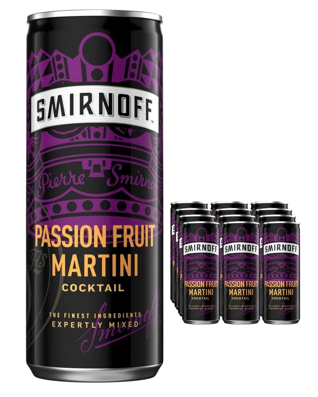 A multipack of Smirnoff Passion Fruit Martini cocktail cans, featuring vibrant purple and black designs with gold accents, showcasing 12 sleek 250 ml aluminum cans.