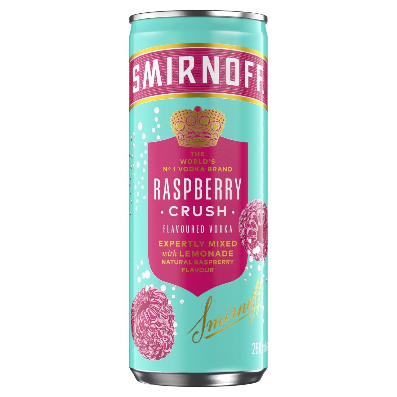 Bright turquoise can featuring "Smirnoff Raspberry Crush" in bold pink text, adorned with raspberry graphics and a crown logo, containing 250 ml of premixed drink.