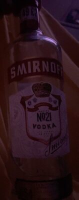 Clear glass bottle of Smirnoff Red Label Vodka, 1 L, featuring a white label with red and gold accents, displaying "No. 21 Vodka" and a crown logo.