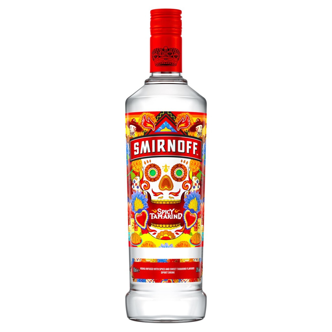 Clear glass bottle of Smirnoff Spicy Tamarind Vodka, featuring a colorful, decorative label with a skull design, red cap, and vibrant floral patterns.