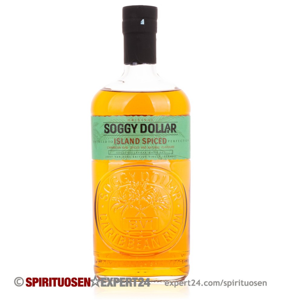 Soggy Dollar Island Spiced Rum bottle, 70 cl, features a clear glass design with a cork stopper, amber liquid, and a green label with white text and palm tree graphics.
