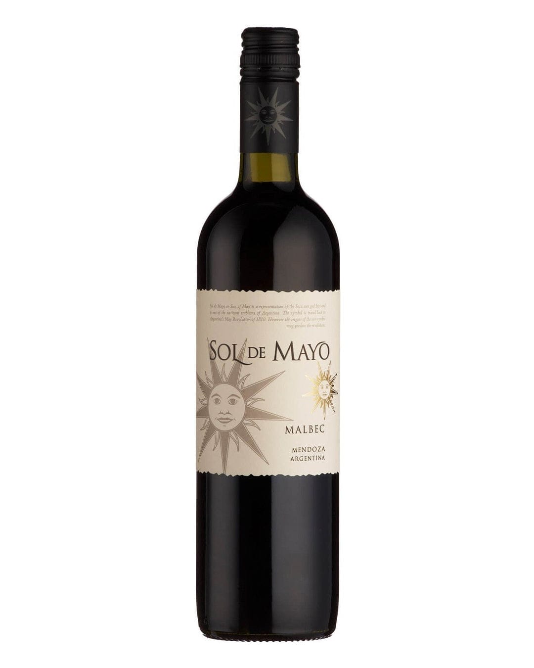 A dark red wine bottle with a black screw cap, featuring a cream-colored label adorned with a sun design and the text "Sol de Mayo Malbec, Mendoza, Argentina."