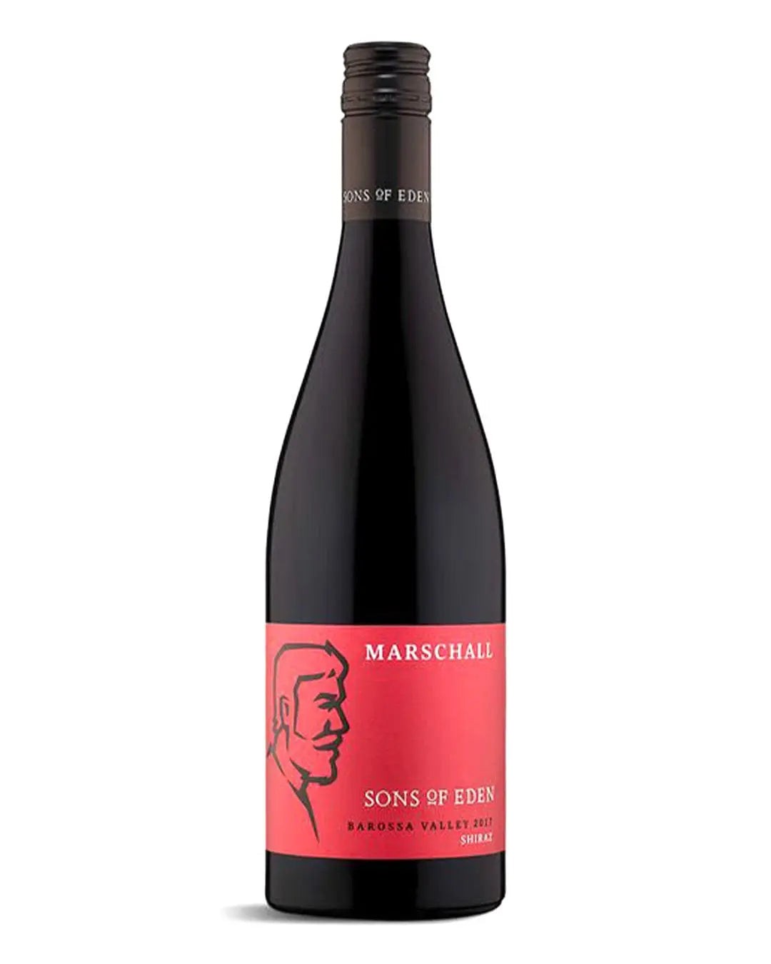 A dark glass bottle of Sons of Eden Marschall Shiraz with a red label featuring a stylized illustration of a man and text in white, set against a plain background.