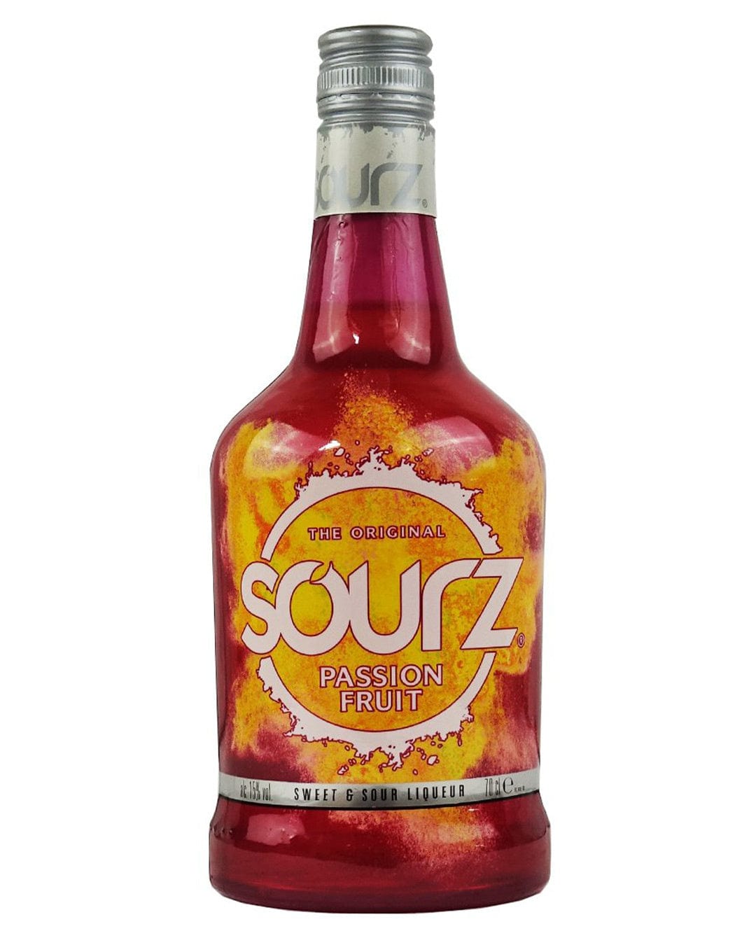 Sourz Passion Fruit Liqueur bottle with a vibrant orange and pink gradient, featuring a silver cap and bold "SOURZ" logo on the front, holds 70 cl of sweet sour liqueur.