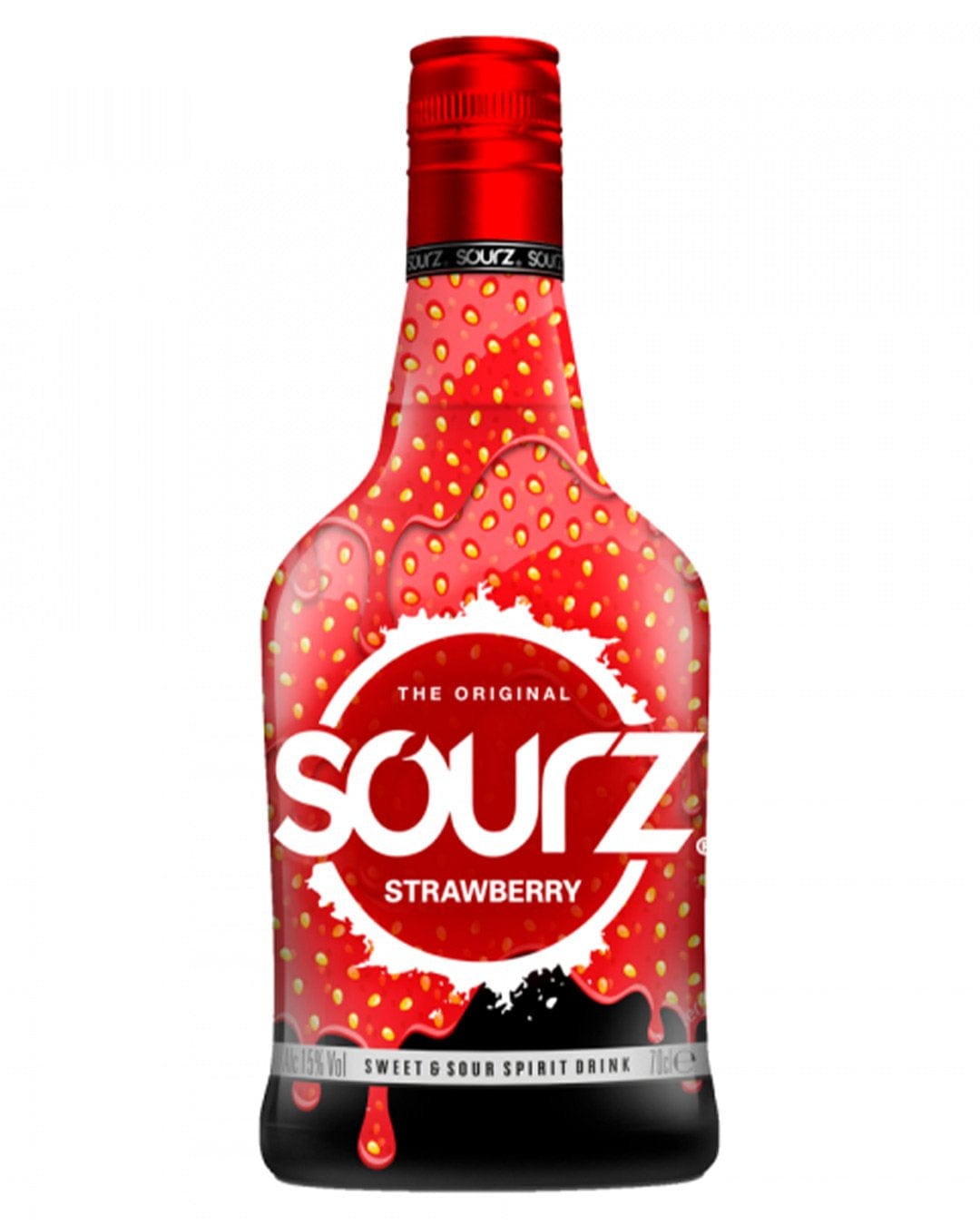 Bright red bottle of Sourz Strawberry Liqueur, featuring a glossy finish, a prominent logo, and a textured pattern resembling strawberries, with a red screw cap.