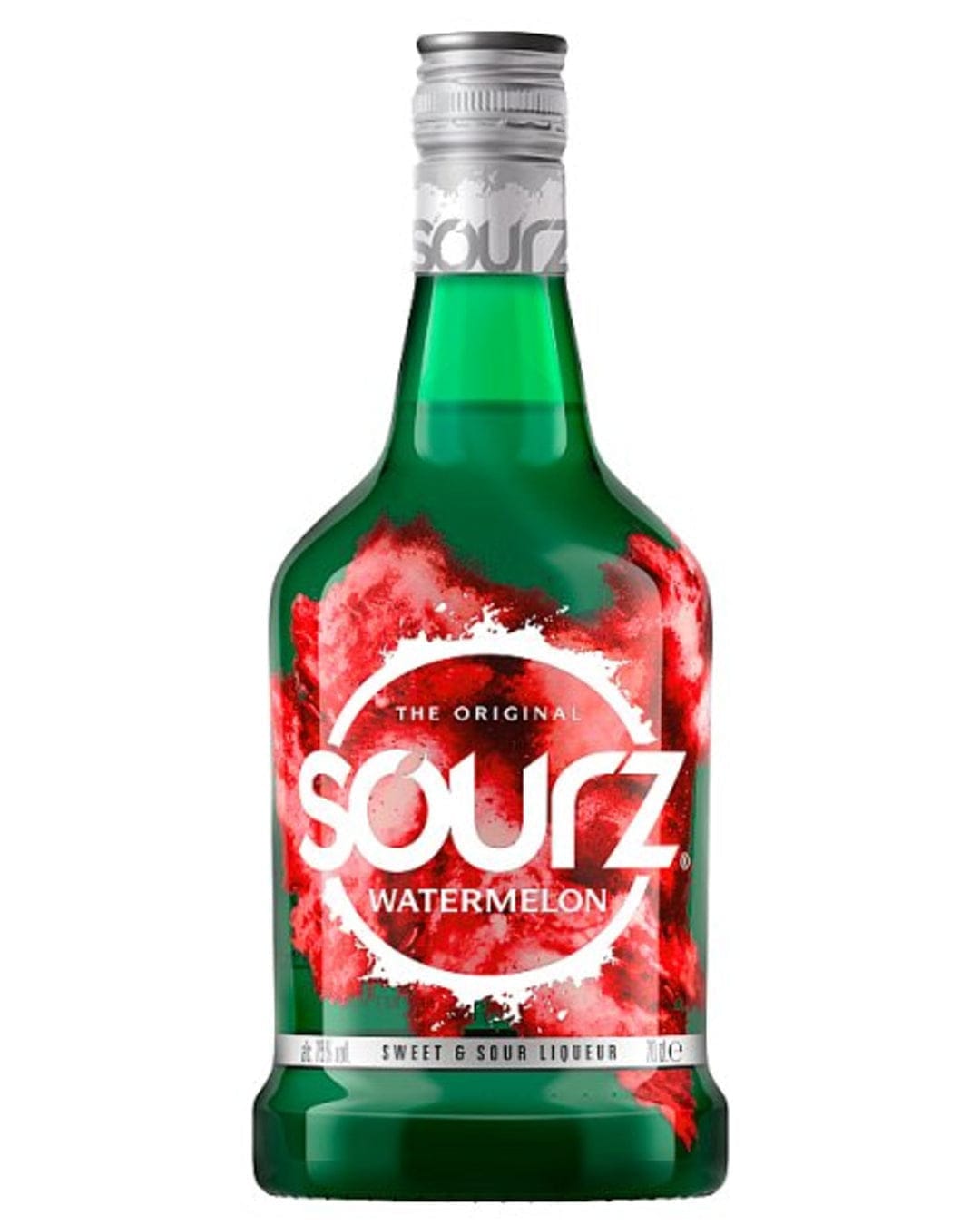 Green glass bottle of Sourz Watermelon Liqueur, featuring a vibrant red and white label with the brand name "Sourz" prominently displayed, 70 Cl size.