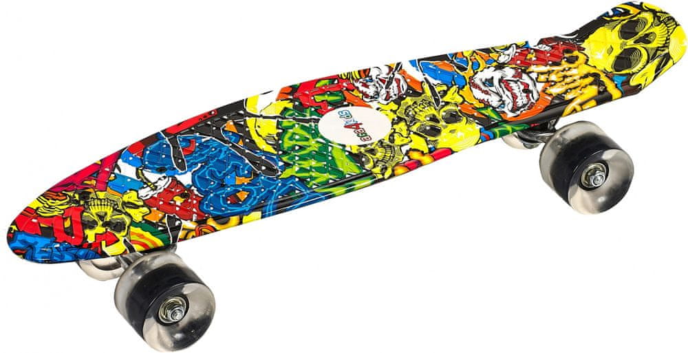 Colorful skateboard featuring a vibrant graphic design with various cartoon-like characters, equipped with silver wheels and a smooth deck.