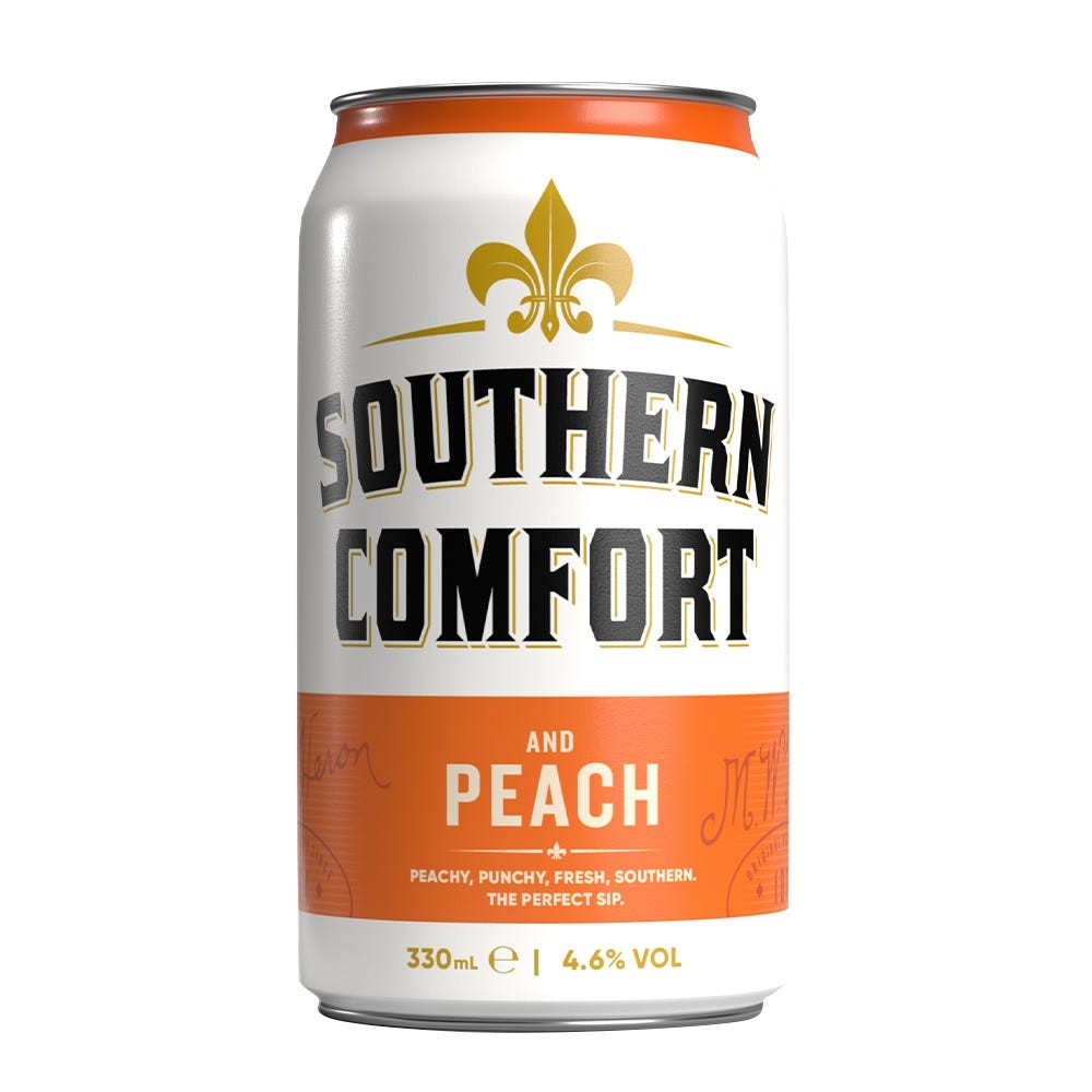 Southern Comfort Hard Peach Multipack featuring 12 cans, each with a white and orange design, bold black text, and a gold fleur-de-lis emblem, highlighting a peach flavor.